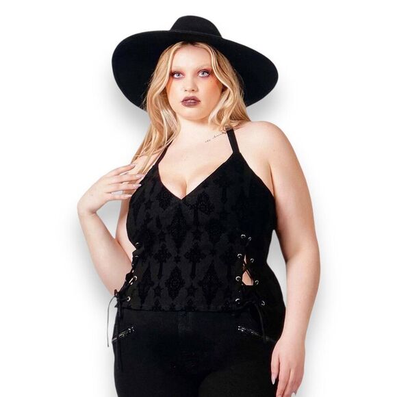 Killstar Black Velour Stars and Cross Halter Crop Top - NEW - Picture 2 of 3
